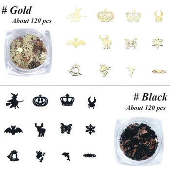1 kasse af ghost Halloween Ultra-tynd udsøgt sort guld græskar-bat-witch-snowflake-bell 3D negle DIY nail art smykker patch