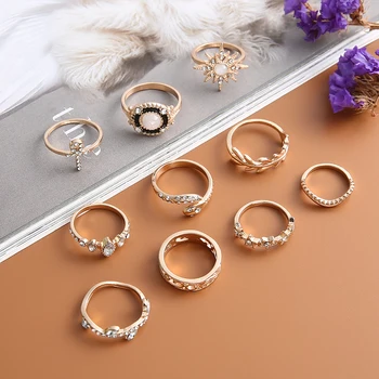 10 stk/sæt Vintage Blad Blomst Krystal Ringe Til Kvinder, Mode, Retro Geometriske Opal Finger-Ring Sæt Boheme Smykker Gaver 2020