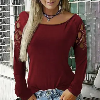 2019 Nye Efteråret Sexet Mesh Pullover Tshirt Kvinder Med Lange Ærmer Kolde Skulder Blonder Hule Ud Diamanter Nitte T-Shirts