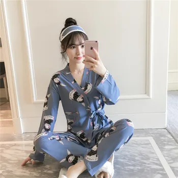 2020 Den Nye Notering i Foråret og Sommeren Bomuld Kimono Pyjamas V-Hals Udskrivning Plus Size Pijama Loungewear Kvinder 2 delt Nattøj