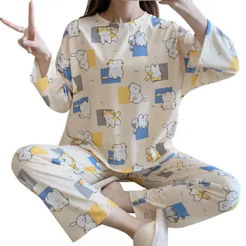 2020 Kvindelige langærmet Hjem Bære Pullover To Øverste Stykker Nattøj Passer til Damer Bomuld Pyjamas Kvinders Efteråret Nattøj