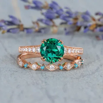 2020 Nye Mode Rosa Guld Farve, Runde, Grønne Zircon To Stykke vielsesringe Piger Kvinder Forslaget ring Engagement Ring Smykker