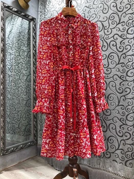 2021 tidlige forår nye mode kvinders revers bindebånd i taljen små blomster med lange ærmer kjole 105