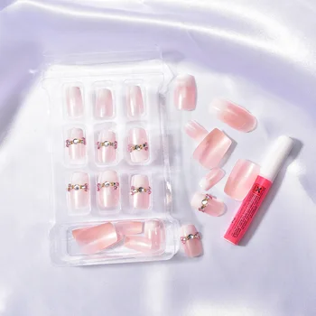24pcs/sæt selvklæbende Midt-lange fuld nail tips Brud Creme nude pink pure color 3D falske negle Søde franske falske negle med Sidet