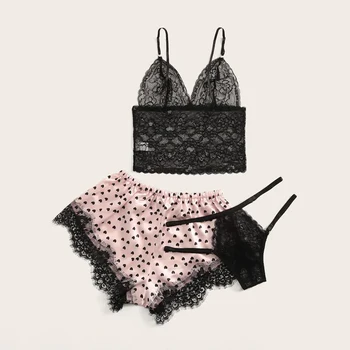 3pc Kvinder Black Lace Satin Bh Camisole Trusser Pink Shorts Pyjamas, Nattøj Bandage Undertøj Sæt Print Hjertet Nattøj 2020