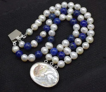 3rows blå lapis og ferskvandsperle runde 8mm armbånd 7,5 tommer FPPJ engros perler natur