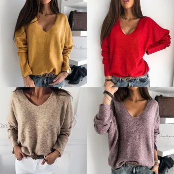 4 Farver Kvinder Sweater Mode Efterår Og Vinter Varm Ensfarvet Langærmet V-Krave Løs Pullover Strik, Toppe Bunden Sweater