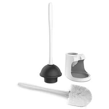 Compact Plast Toilet Bowl Børste og Stemplet Combo Sæt med Holder - Caddy til Badeværelse Opbevaring - Robust, Heavy Duty