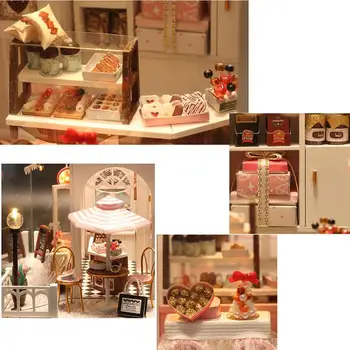 DIY Samlet Sommerhus Med LED-Lys Chokolade Butik Simulering Doll House Children ' s Room Decoration Uden smudsomslag