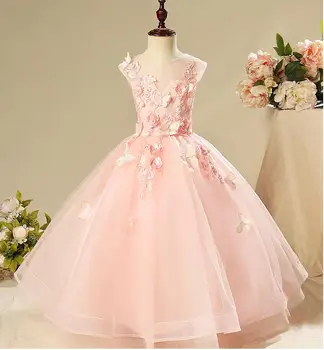 Elegant Pink Tyl Piger Festspil Kjole Beaded Blomster Blomst Pige Kjoler til Bryllup Girl Party Prinsesse First Communion Kjole