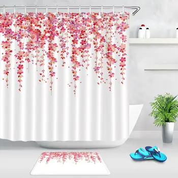 Enkel Smuk Blomst badeforhæng Dørmåtte Polyester Stof Vandtæt Badeværelse Gardin med Kroge Hjem Badekar Dekoration