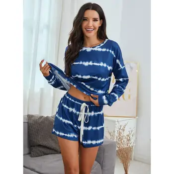 Et Sæt af Kvinders Nattøj Tie Dye Stribe Pyjamas For Kvinder Pyjamas Sæt Sød langærmet Shorts Forår Sommer Efterår Homewear