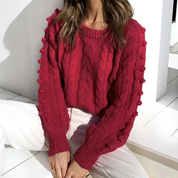Foridol strikkede røde bolde, trøjer sweater kvinder sweater casual oversize vintage sweater efterår og vinter med lange ærmer jumper