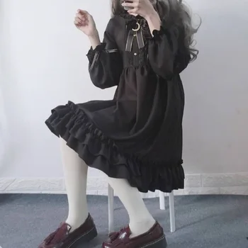 Japansk Sort Gotisk Chiffon Kjole Kvinder Vintage Bue Bandage Blonder Flæser Party Kjoler Vestidos Pige Sød Langærmet Kjole