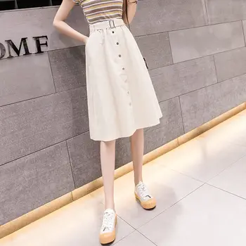 Korea Kvinder Sommer Nederdele Hvid Nederdel med Elastik Høj Talje Knæ-Length-A-Line Nederdele Kvindelige Jupe Saias faldas med bælte