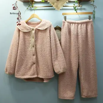 Koreansk Vinter Pyjamas Sæt Fleece Tyk Nattøj Turn-down Krave Knapper Ankel-Længde Bukser To Stykke Pijamas Piger Homewear