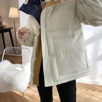 Kvinder 2020 Vinter Dunjakke Kvindelige koreanske Stilfuld Hvid Patchwork Stå Krave Brød Løs Jakke Bomuld-polstret Parka Coat