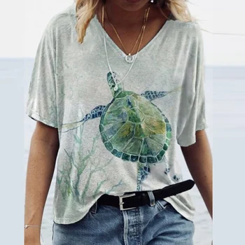 Kvinder Casual Fashion Korte Ærmer Toppe 2021 Sommer Søde Dyr Print Bluse Shirts Elegant V-Hals Løs Pullovere Streetwears