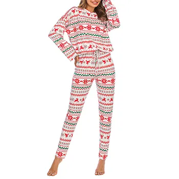 Kvinder Jul Print Pyjamas Sæt Vinter Med Lange Ærmer Rund Hals Mælk Silke Pullover Top Elastisk Talje Bunde Nattøj Bukser