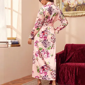Kvinder Nye Elegant Floral Klæder Silke Chiffon Pyjamas Sovende Sexet Kjole V-hals Lace up Flower Print-Long-Sleeve Nattøj