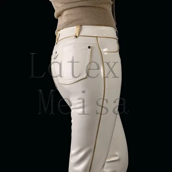 Kvinder sexet latex lige bukser lavet af naturlig latex materialer og dekoration med guld trim i hvid farve