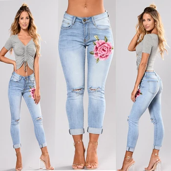 Kvinder Slim Denim Bukser Strække Broderede Jeans Kvinder Elastisk Blomst Jeans Pantalon Femme Hul Rippet Rose Mønster Jeans