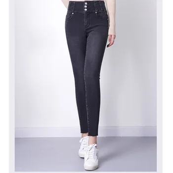 Kære Jeans Efterår Og Vinter Nye Høj Talje Høj Elastisk Solid Farve Plus Velvet Mode Slankende Slanke Kvindelige Casual Blyant Bukser