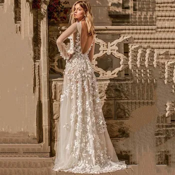 Lange Ærmer Lace Pynt A-Line brudekjoler 3D Blomster Sexet Ryg-Tyl brudekjoler Foråret Vestidos De Mariage