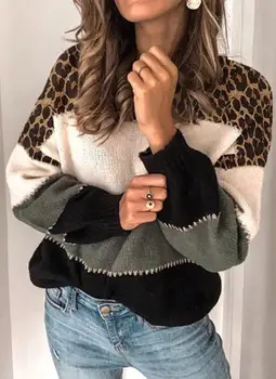 Leopard Hvid Flerfarvet Stikninger Vintage Strik Sweater Kvinder Casual O-Hals Lange Ærmer Vinter Varm Plus Size Koreansk Mode