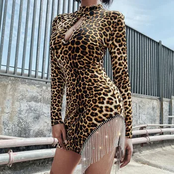 Leopard Print Sexet Hollow-Out Party Kjoler Kvinder Skinnende Diamant Stå Krave Bodycon Kjole Efteråret Kvast Hem Mini Kjole Tøj