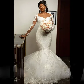 Mode Afrikanske V-hals Havfrue brudekjoler 2020 hvide Fuld Ærmer Lace Applique brudekjoler Illusion Tilbage Brude Kjole