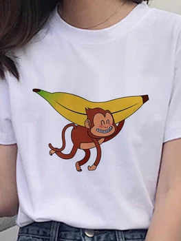 Monkey holder banan Trykte T-shirts Kvinder Grafisk Søde Tegneserie Sommer T-Shirt, Toppe Dame Tøj, Nye Sommer Kawaii Tee Kvindelige