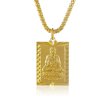 Ny Trendy og Vintage 24K Guld GP Buddha Rektangel Halskæde Til Mænd,Mænds vedhæng med 4mm bred 70cm lang kæde smykker