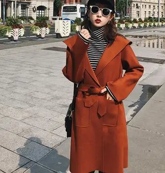 Nye 2019 kvinders frakker foråret efteråret hætteklædte jakker lang stil, herunder talje hætte, lange ærmer uld uld blandinger overtøj
