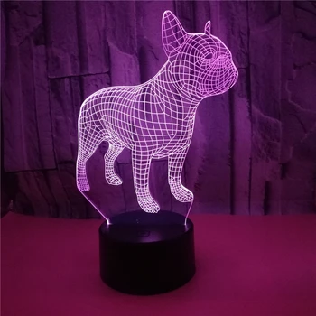 Nye 3D-Illusion fransk Bulldog Nat Lys 7 Farve Blinkende LED bordlampe USB-Touch Remote Akryl Julegave til Børn