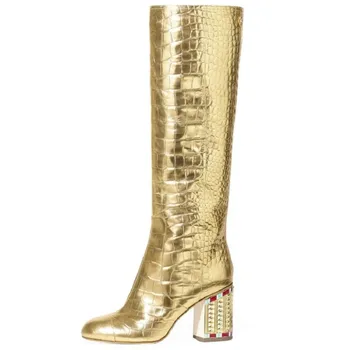 Nye Hvidere Lange Støvler Kvinder Guld i Ægte Læder Fashion Diamond Hæl Knæ høje Støvler af Slangeskind-Pladsen Hæl Riding Botas Sko