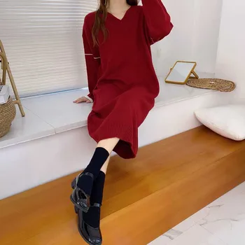 One-Piece For Kvindelige Plus Size Knitt Sweater Kjole 2020 Lange Ærmer Efterår Og Vinter Løs V-Hals Kjole Koreanske Kvinder Sweater Kjole