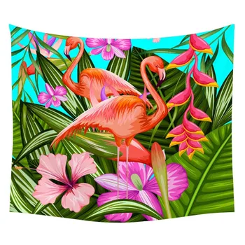 Pink Flamingo Gobelin Stof Med Tropisk Frugt Plante Kunstige Grønne Blade Haven Blomster Væggen Hænger Dekorationer Strand Tæppe