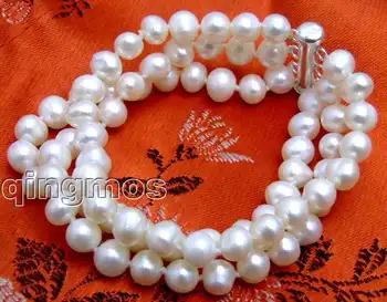 Qingmos Naturlige Hvidt Perle Armbånd til Kvinder, med 6-7mm Runde Hvide Perle 3 Tråde Armbånd 7.5