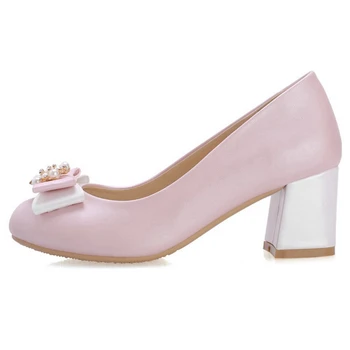 REAVE KAT Kvinders pumper Forår sommer sko Damer enkelt sko Rund tå Bowtie Shoes de mujer Pearl Glitter Blå Pink A1616