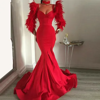 Red Muslimske Aften Kjoler Havfrue Spaghetti-Stropper Fjer Formelle Dubai Saudi-Arabisk Lang Aften Kjole Prom Dress