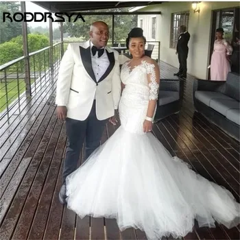 RODDRSYA Sydafrikanske Havfrue brudekjoler 2019 Nye Halv Ærme-Gulvtæppe Længde Lace Applique Tyl Bryllup Brude Kjoler Dres