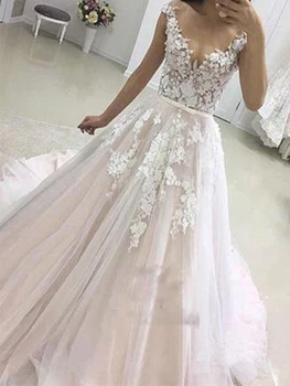 Sexet decal A-line wedding dress 2020Vestidos de Novia gulv-længde tulle V-hals lace formel brudekjole