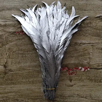 Smuk Engros-10stk Enkelt Sølv 14-16tommer/35-40cm Hane fjer Cock Hale Fjer Kylling fjer Rooster tail feather