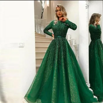Smukke Grønne Skinnende Beaded Kjole Til Aften I 2021 Lange Ærmer Abiye Vintage Crystal Blonder Prom Kjoler Vestido Longo Abendkleider