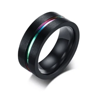 Sort Rustfrit Stål Grundlæggende Ring for Mænd Med Rainbow Linje Klassiske Mandlige Bryllup Band Multi Farve Smykker Broderlige Ringe