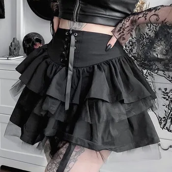Sorte Punk-Kvinde, er Kjole E Goth Pige Plisserede Nederdele til Kvinder på Tværs af Kniplinger Op Rave Y2K Æstetik Mørke Akademiske Høj Talje Mini Nederdel