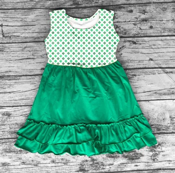 St. Patrick ' s Dag, forår, sommer piger, baby, børn tøj, bomuld green ruffles Shamrocks cap boutique kjole knæet længde