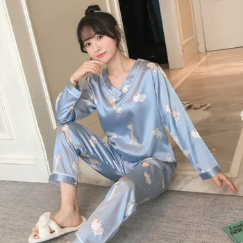 SWT 2020 Efteråret Pyjamas Damer Sød V-hals Pullover med Lange Ærmer Bukser Efterligning Silke To-delt Sæt af Hjem Tøj til Kvinder