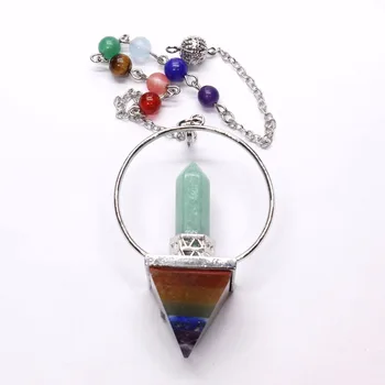 Trendy-perler, Sølv Forgyldt Naturlig Grøn Aventurin Sekskant Farverige Pyramide, Healing, Chakra Pendul, Vedhæng Med Cirkel